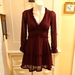 B Darlin burgundy with black dot ruffled dress Sz 3/4